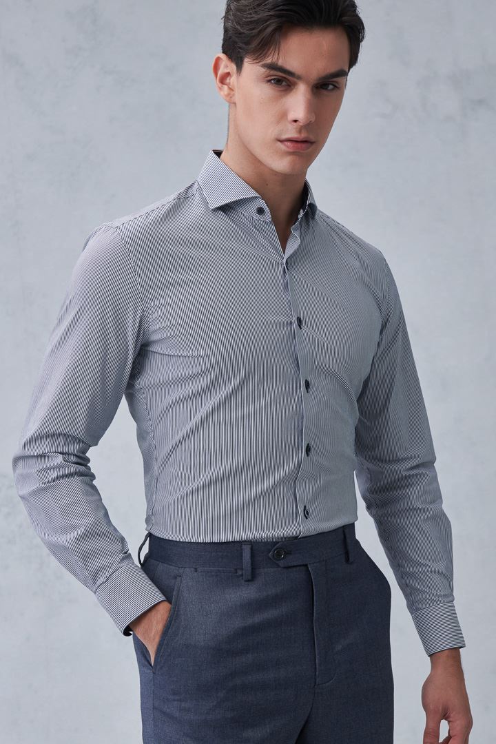 SST&C #Elastic Fit  Navy and White Pinstripe Pattern Slim Fit Shirt | 0312211016  (Outlet)_0