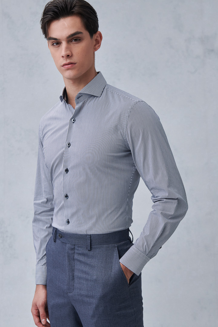 SST&C #Elastic Fit  Navy and White Pinstripe Pattern Slim Fit Shirt | 0312211016  (Outlet)_1