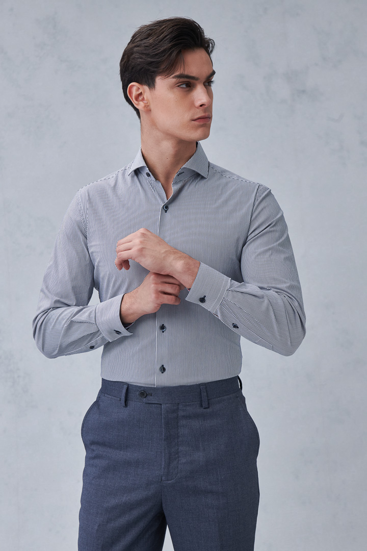 SST&C #Elastic Fit  Navy and White Pinstripe Pattern Slim Fit Shirt | 0312211016  (Outlet)_2