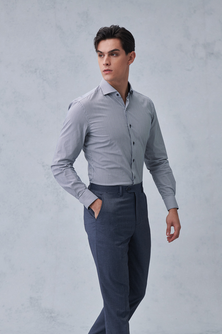 SST&C #Elastic Fit  Navy and White Pinstripe Pattern Slim Fit Shirt | 0312211016  (Outlet)_3