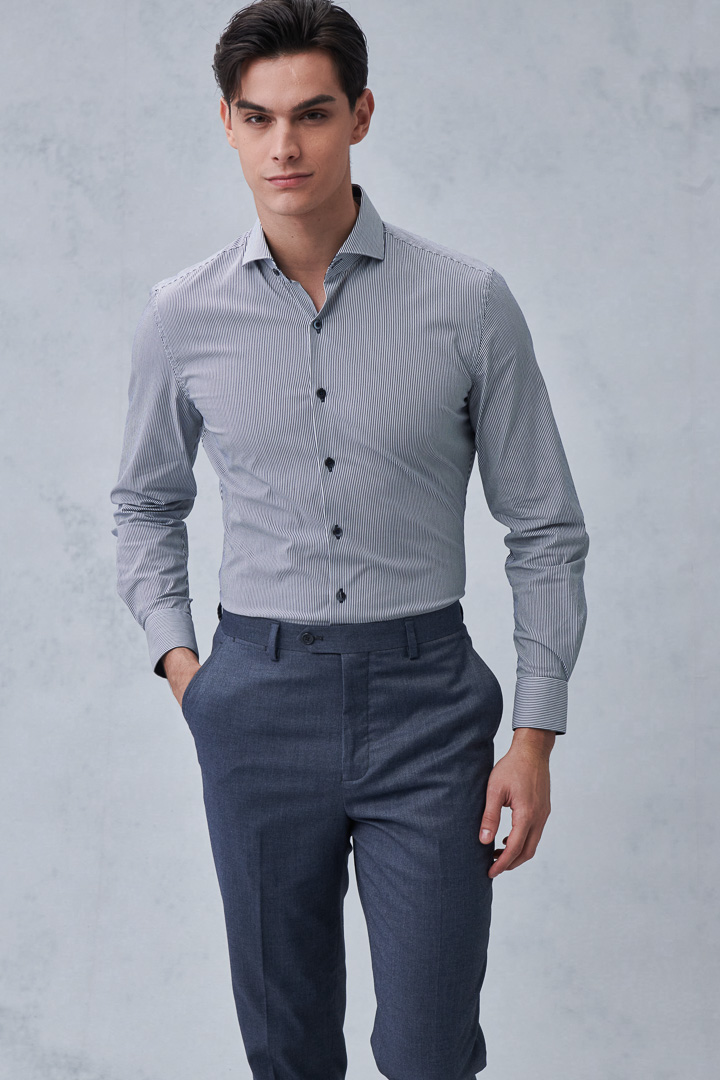 SST&C #Elastic Fit  Navy and White Pinstripe Pattern Slim Fit Shirt | 0312211016  (Outlet)_4