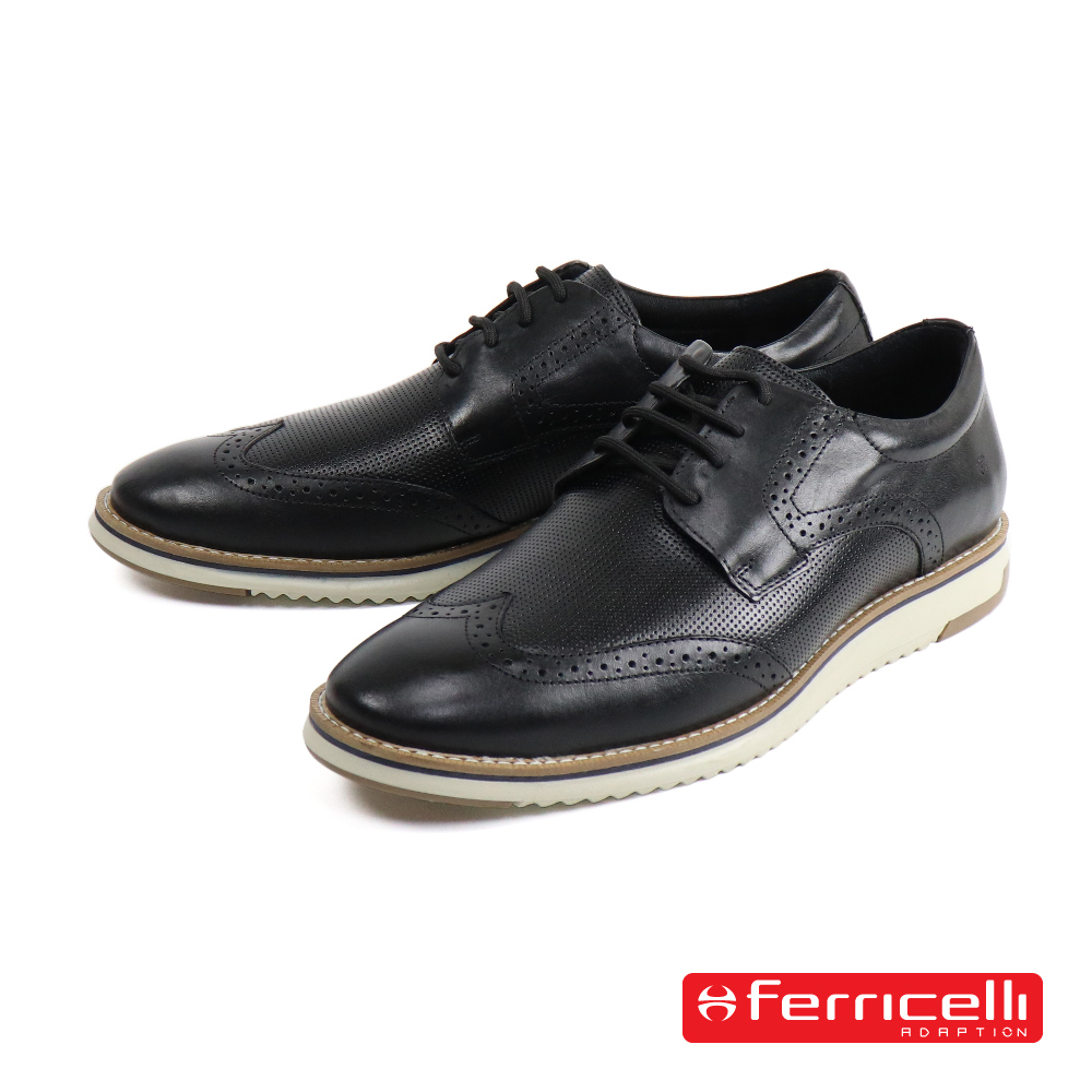 【Ferricelli】翼紋多孔透氣德比造型休閒鞋 黑色(F54655-BL)