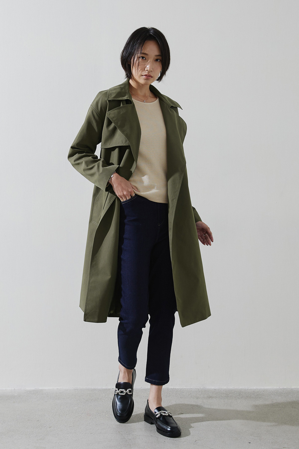 SST&C #Online Exclusive  Military Green Lapel Long Trench Coat | 8162211003  (Outlet)_0