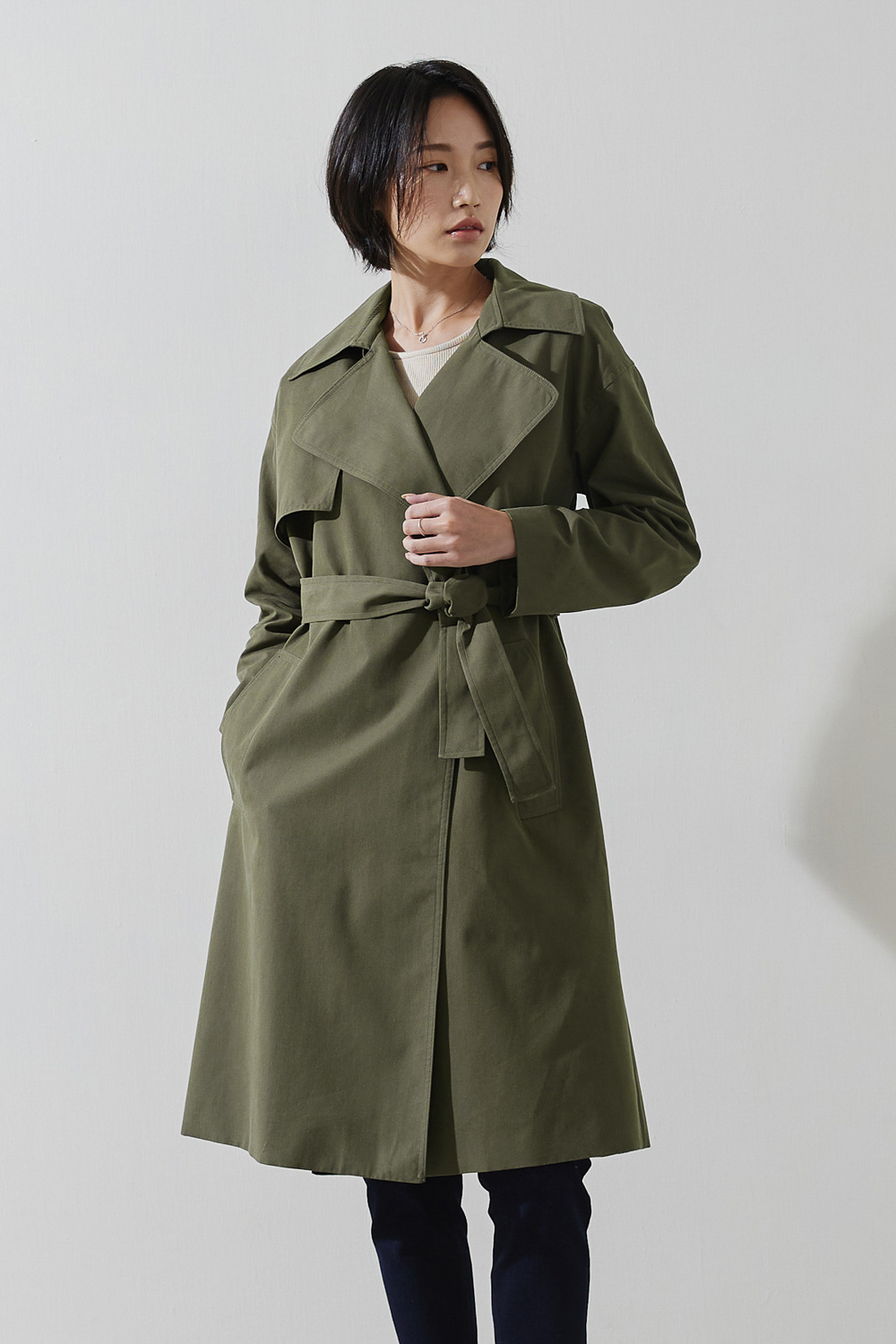 SST&C #Online Exclusive  Military Green Lapel Long Trench Coat | 8162211003  (Outlet)_1