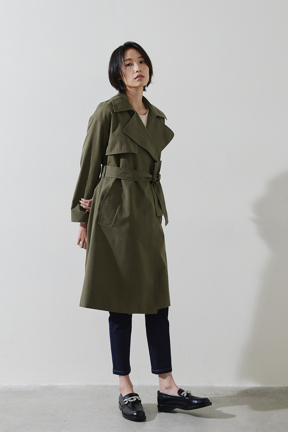 SST&C #Online Exclusive  Military Green Lapel Long Trench Coat | 8162211003  (Outlet)_4