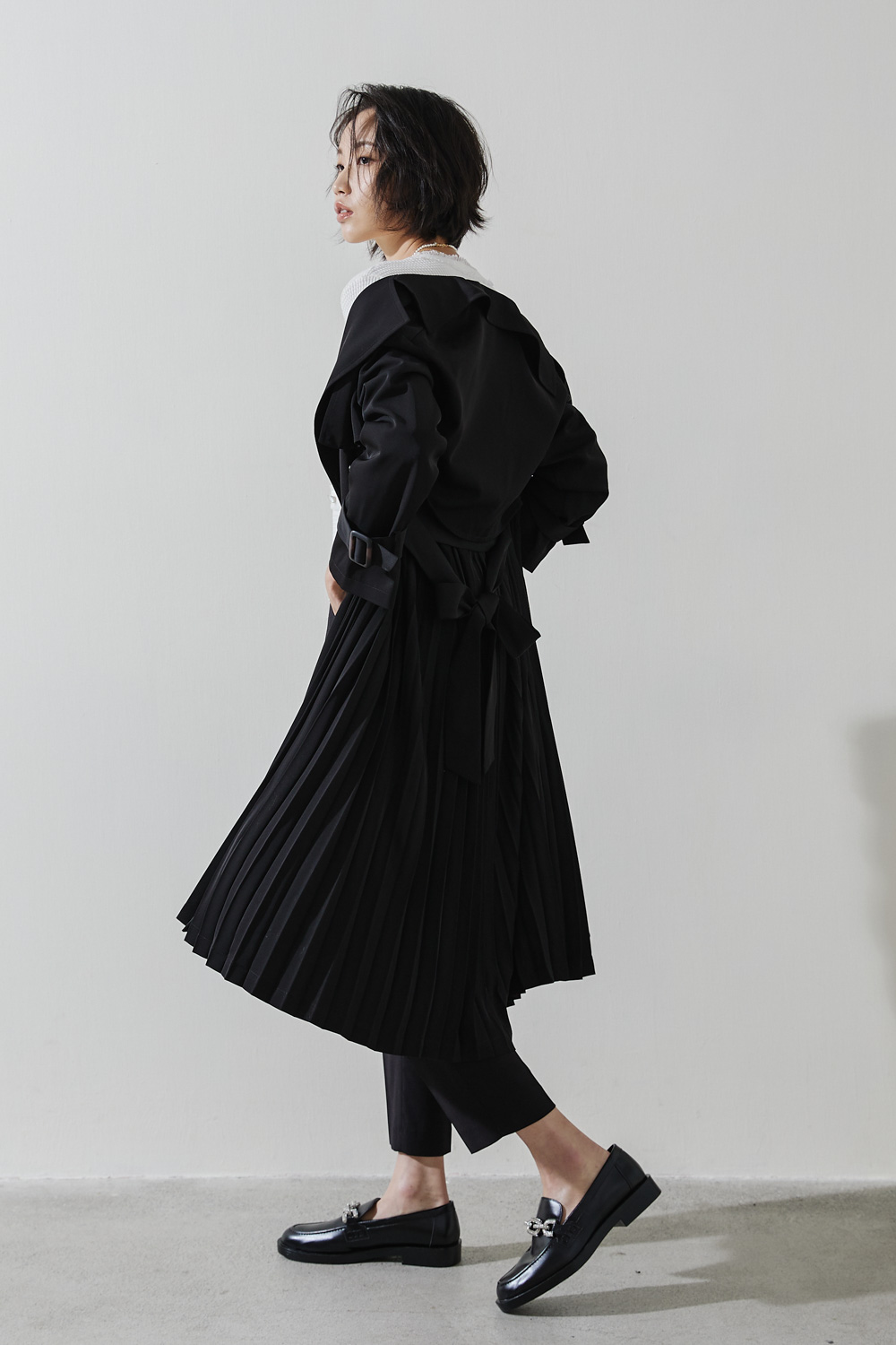 SST&C #Online Exclusive  Black Pleated Trench Coat | 8162211007  (Outlet)_2