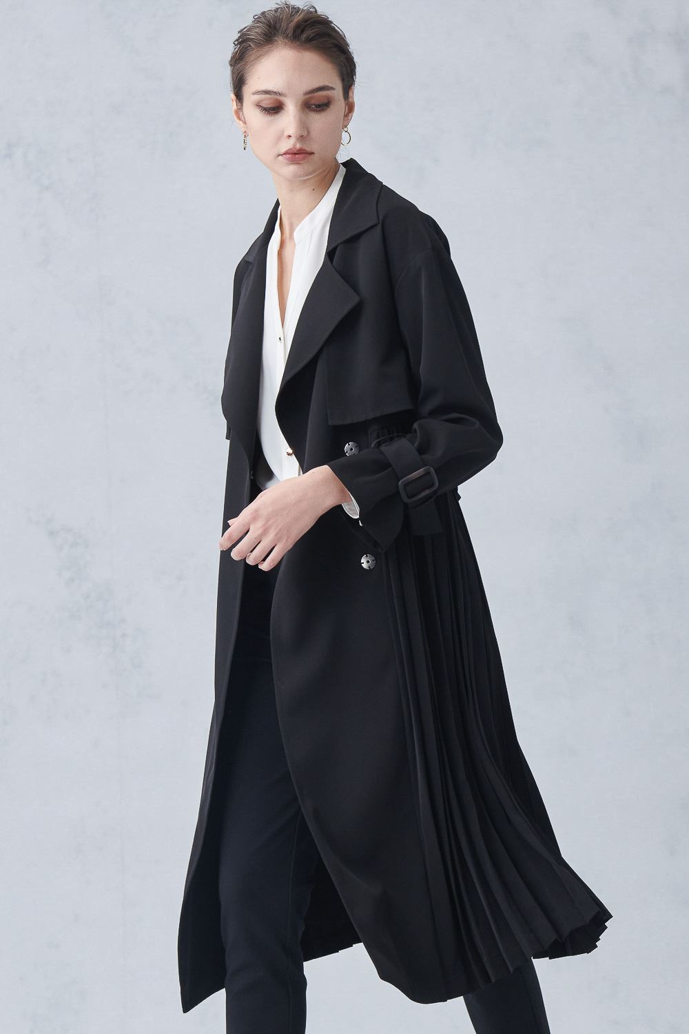 SST&C #Online Exclusive  Black Pleated Trench Coat | 8162211007  (Outlet)_1