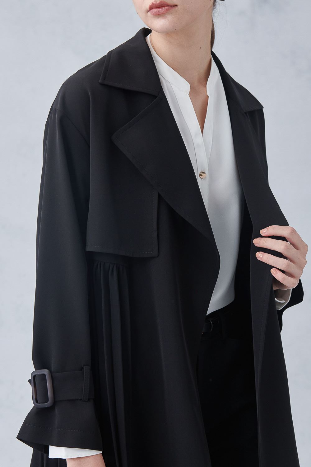 SST&C #Online Exclusive  Black Pleated Trench Coat | 8162211007  (Outlet)_5