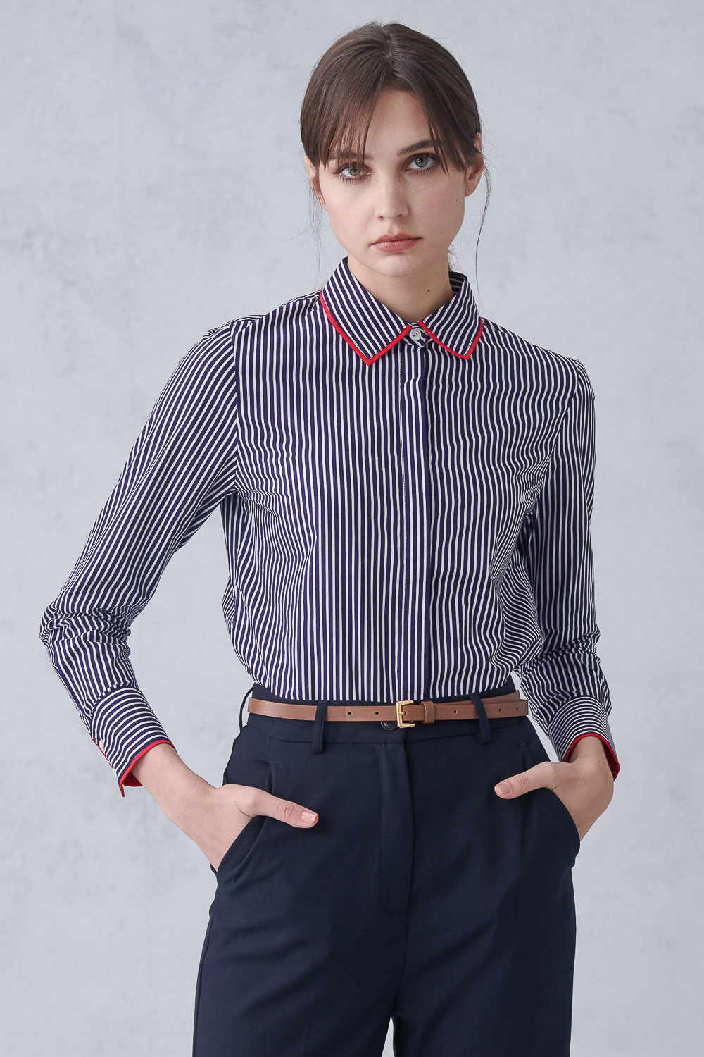SST&C Classic Blue Straight Stripe Trim Shirt | 7562211005  (Outlet)_0