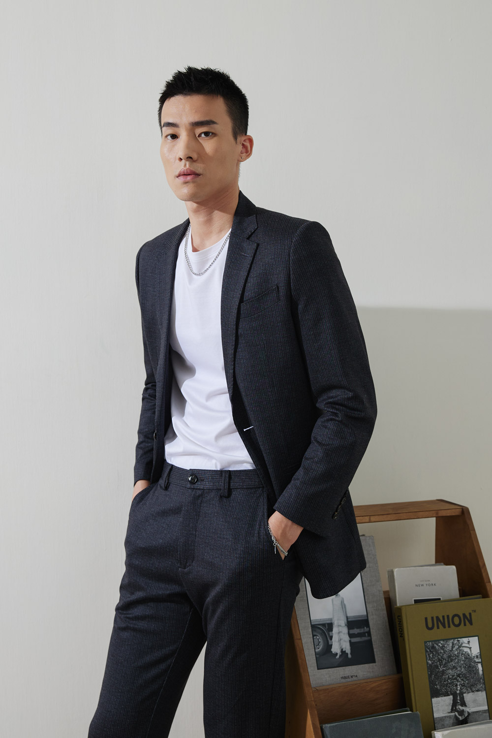 SST&C Dark Gray Striped Pattern Knitted Casual Suit Jacket | 0612210001  (Outlet)_0
