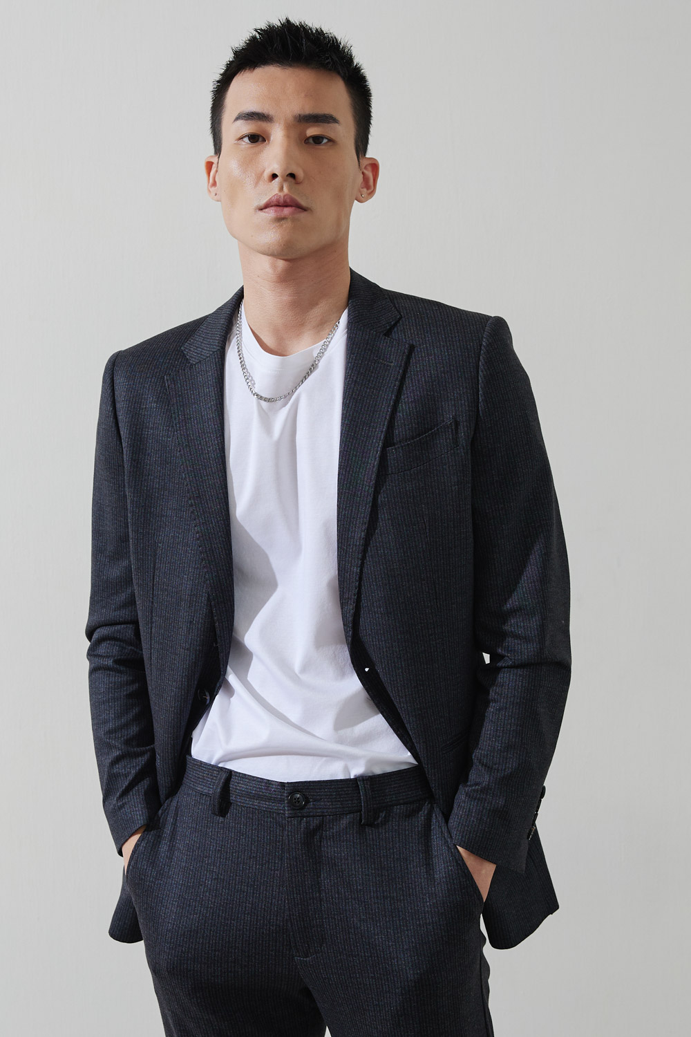 SST&C Dark Gray Striped Pattern Knitted Casual Suit Jacket | 0612210001  (Outlet)_2