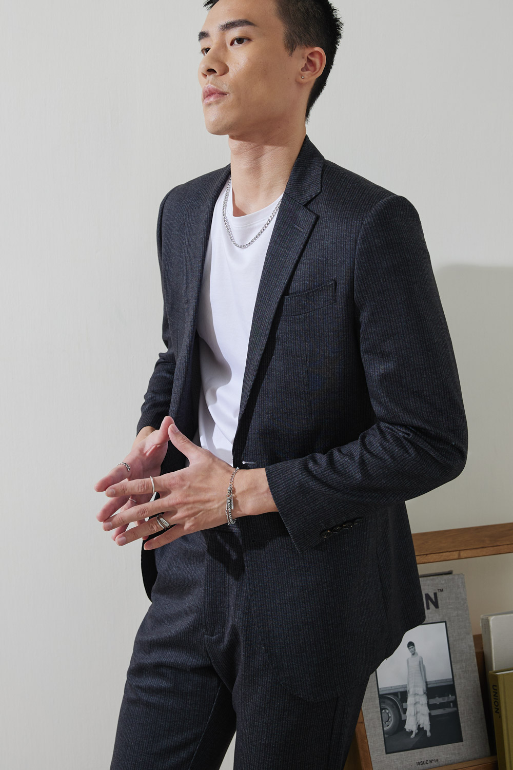 SST&C Dark Gray Striped Pattern Knitted Casual Suit Jacket | 0612210001  (Outlet)_3