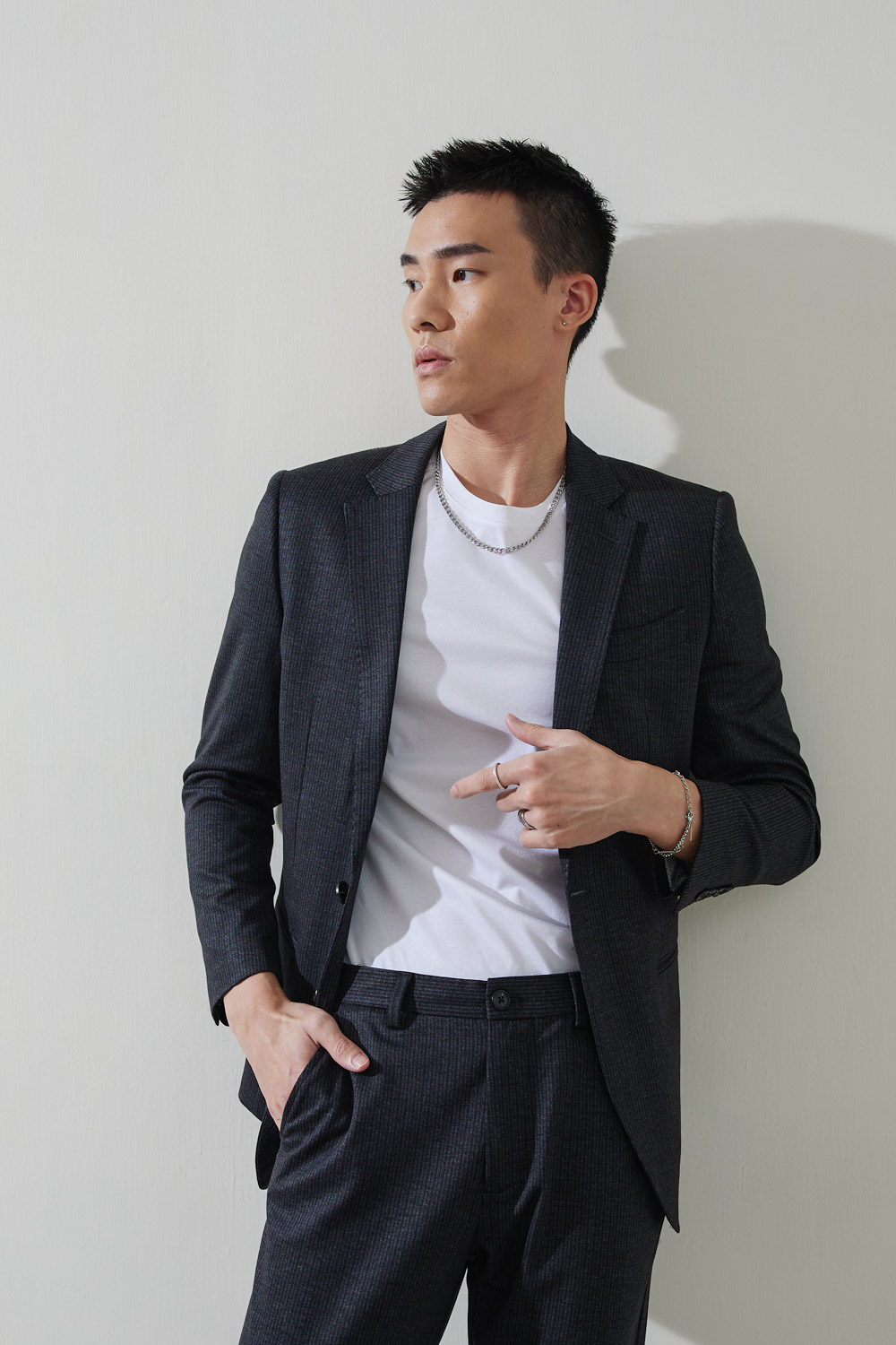 SST&C Dark Gray Striped Pattern Knitted Casual Suit Jacket | 0612210001  (Outlet)_4