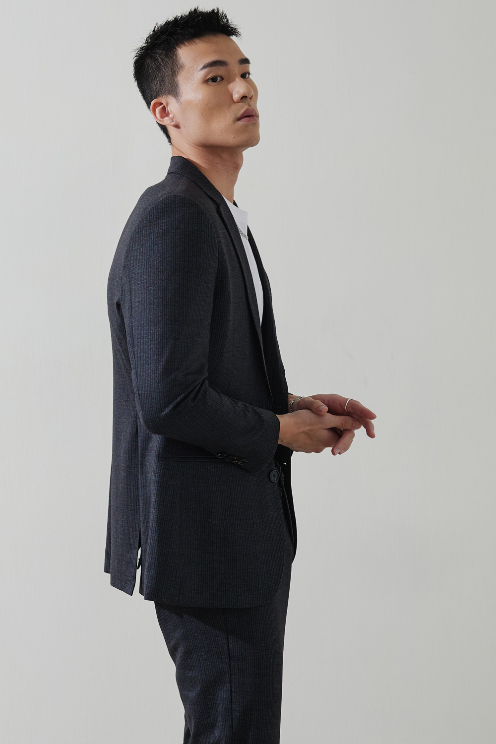 SST&C Dark Gray Striped Pattern Knitted Casual Suit Jacket | 0612210001  (Outlet)_6