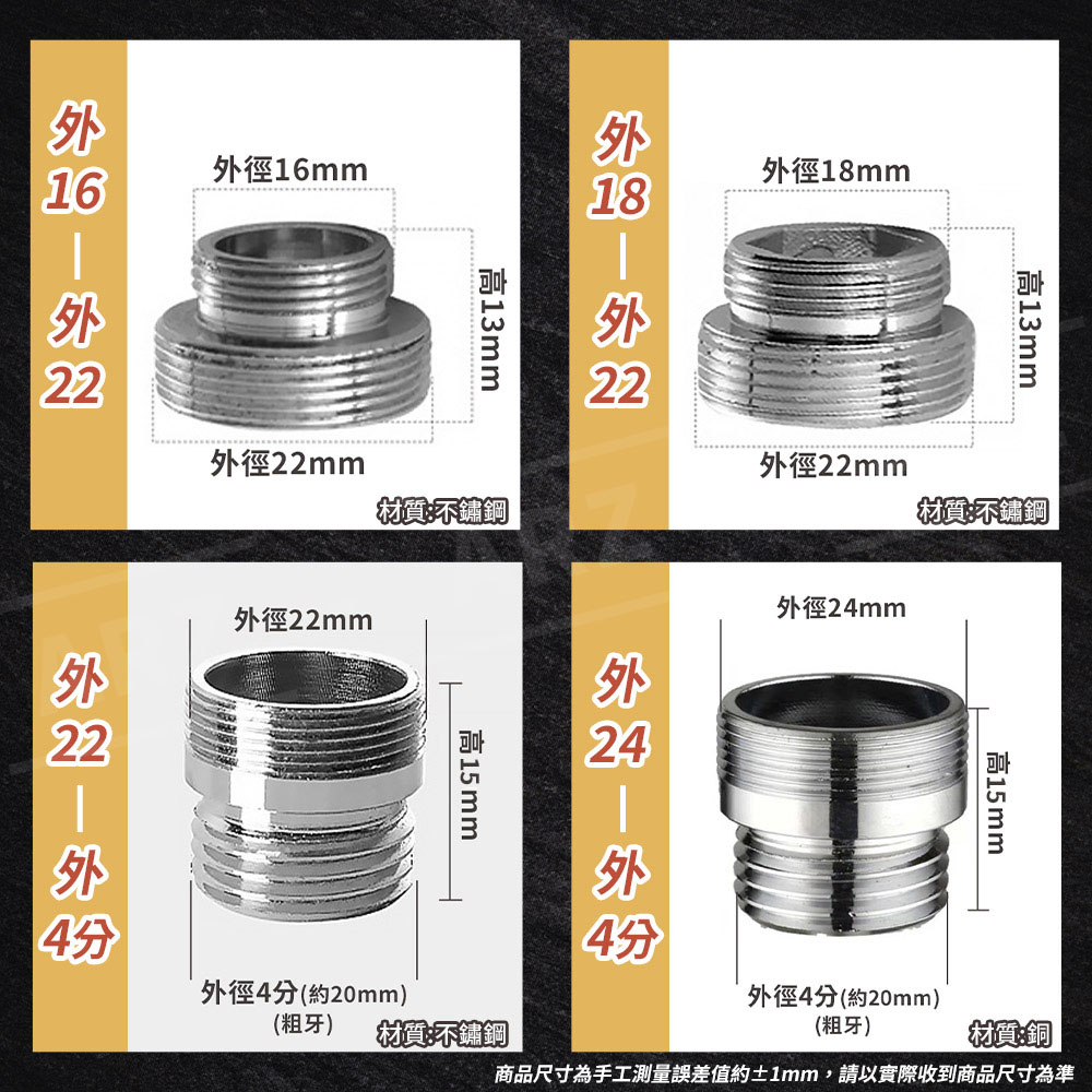 螺牙接頭 萬用轉接頭 【D238】 金屬材質 尺寸齊全 16~26mm M16 M18 M22 M24 M26 四分 內牙外牙 粗牙細牙 水龍頭接頭 快速接頭 不鏽鋼 萬能轉接頭 螺紋轉接頭 水龍頭轉換接頭 無螺紋接頭 龍頭嘴 小鋼炮轉接器 水材配件 五金用品_7