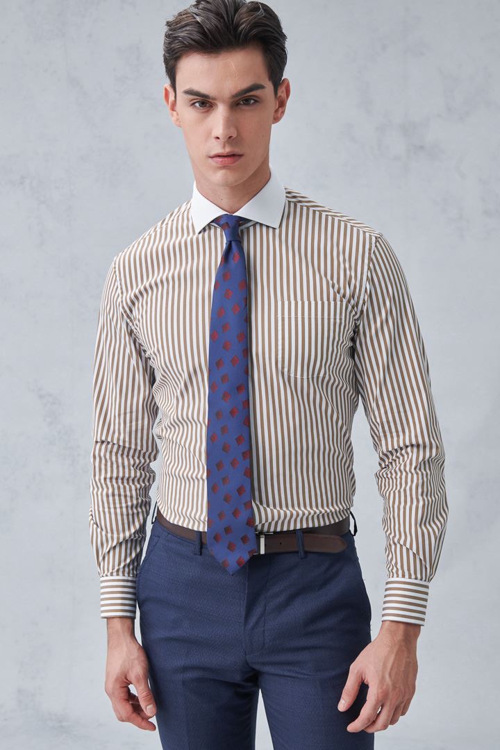 SST&C #Elastic Fit  Khaki Stripe Single Pocket Shirt | 0312212009  (Outlet)_0