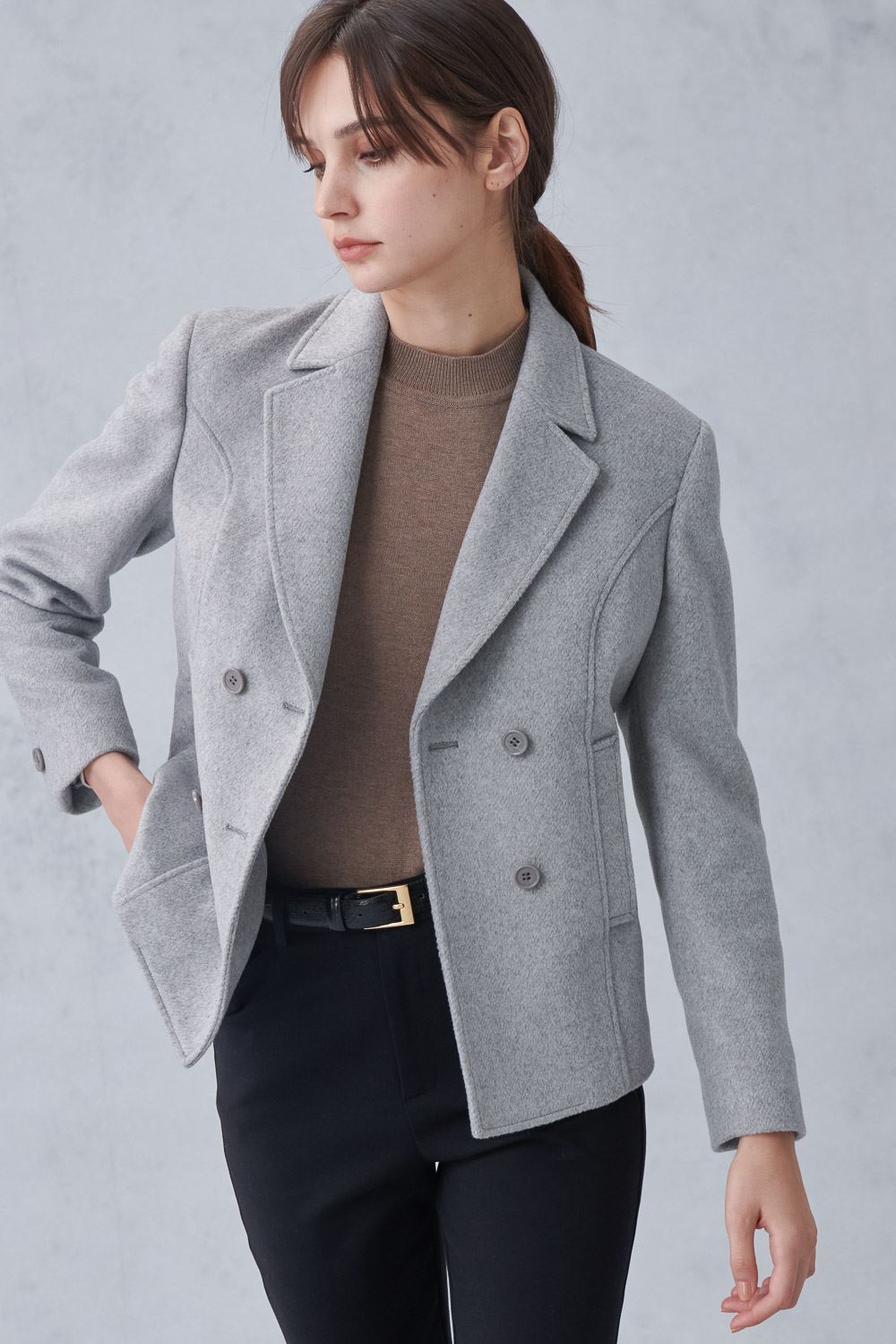 SST&C Gray Lapel Double-Breasted Cropped Coat | 8162212002  (Outlet)_0