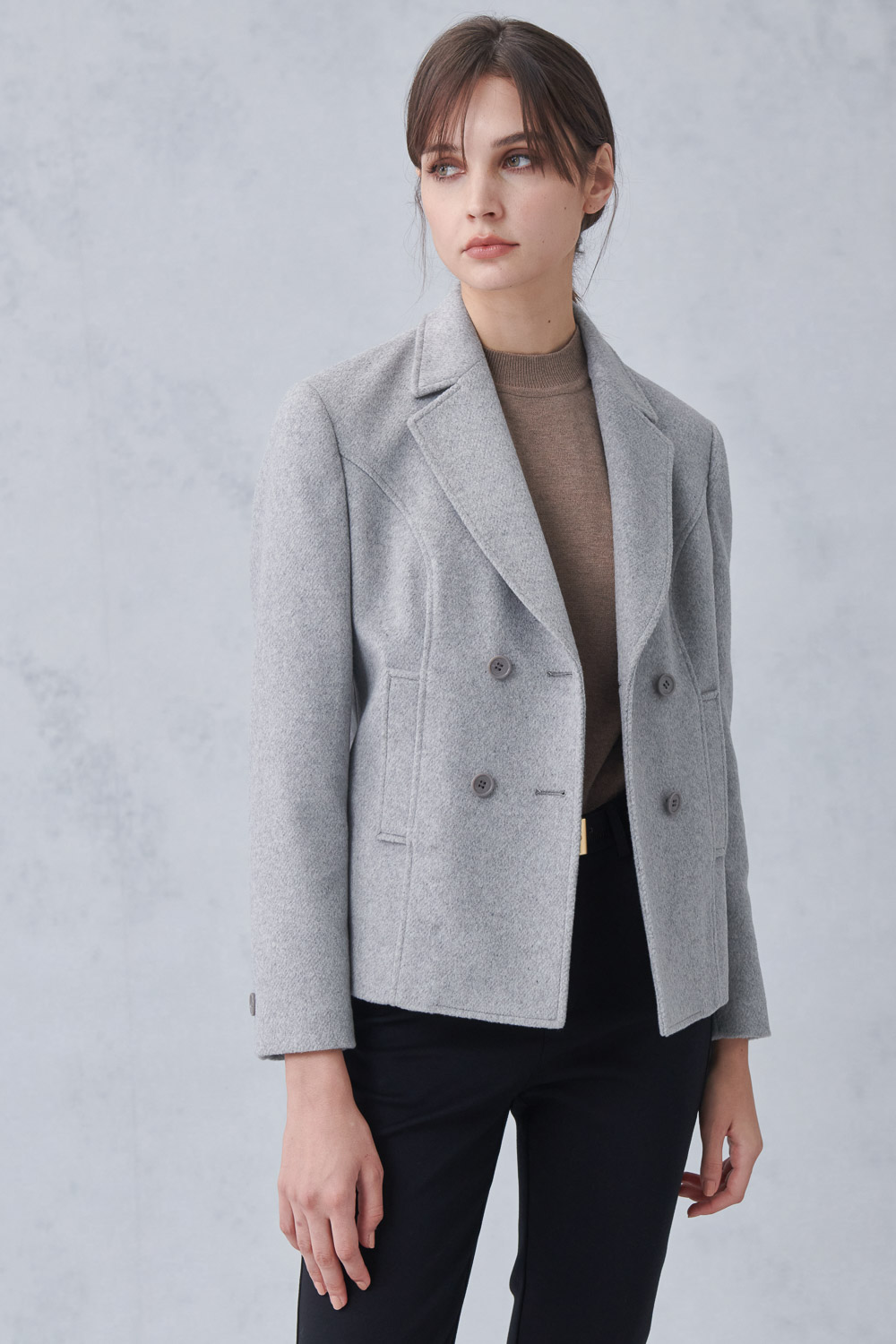 SST&C Gray Lapel Double-Breasted Cropped Coat | 8162212002  (Outlet)_1