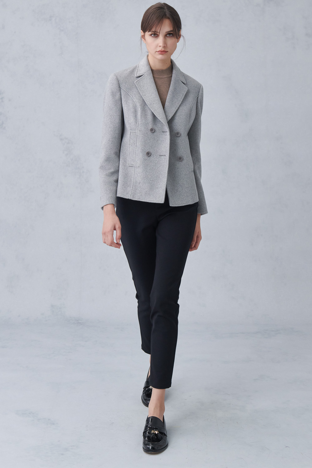 SST&C Gray Lapel Double-Breasted Cropped Coat | 8162212002  (Outlet)_2