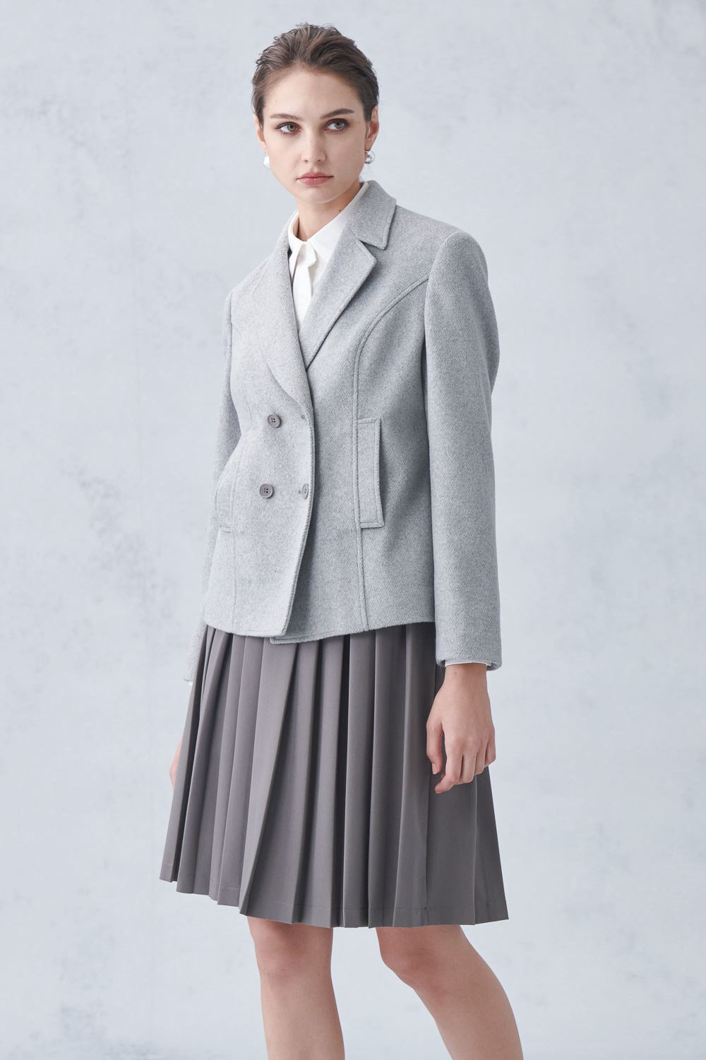 SST&C Gray Lapel Double-Breasted Cropped Coat | 8162212002  (Outlet)_3