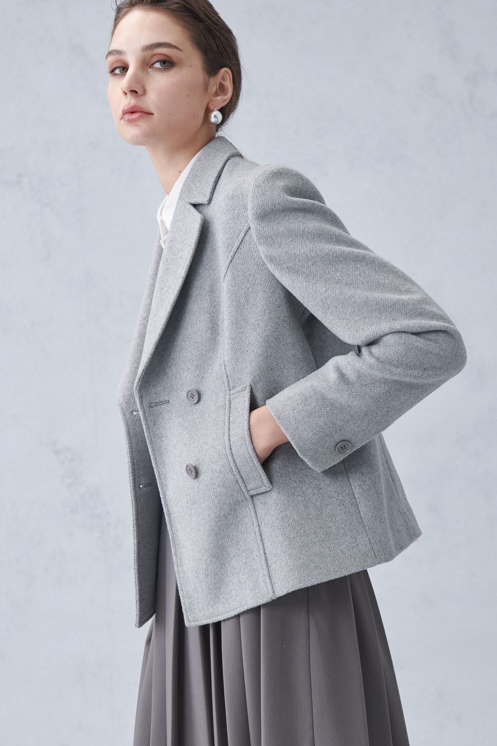 SST&C Gray Lapel Double-Breasted Cropped Coat | 8162212002  (Outlet)_4