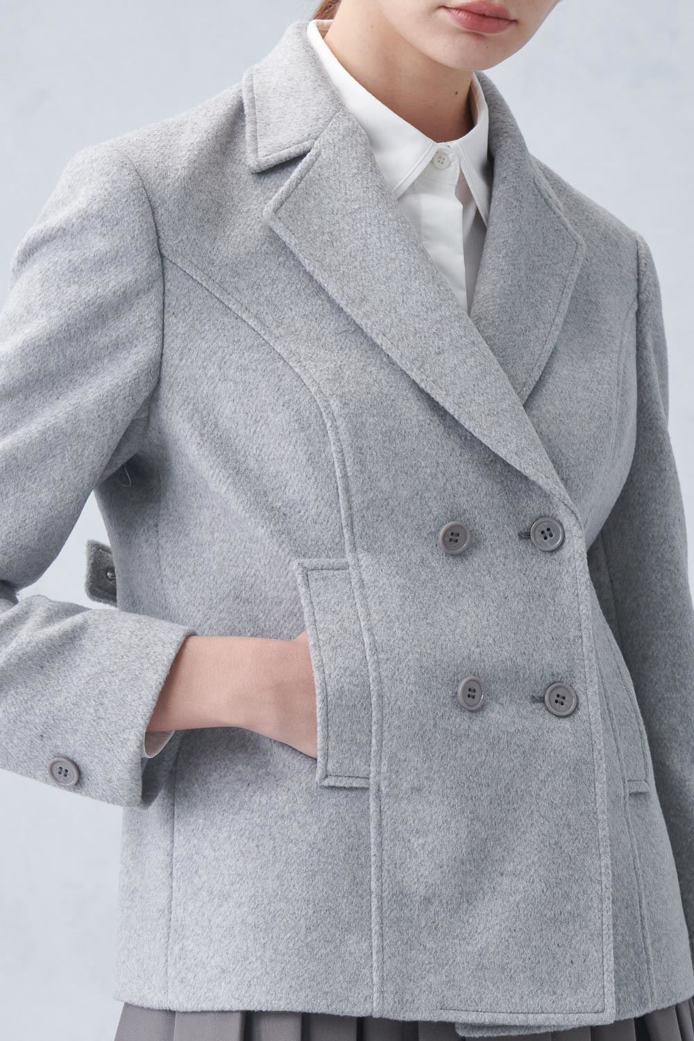 SST&C Gray Lapel Double-Breasted Cropped Coat | 8162212002  (Outlet)_5