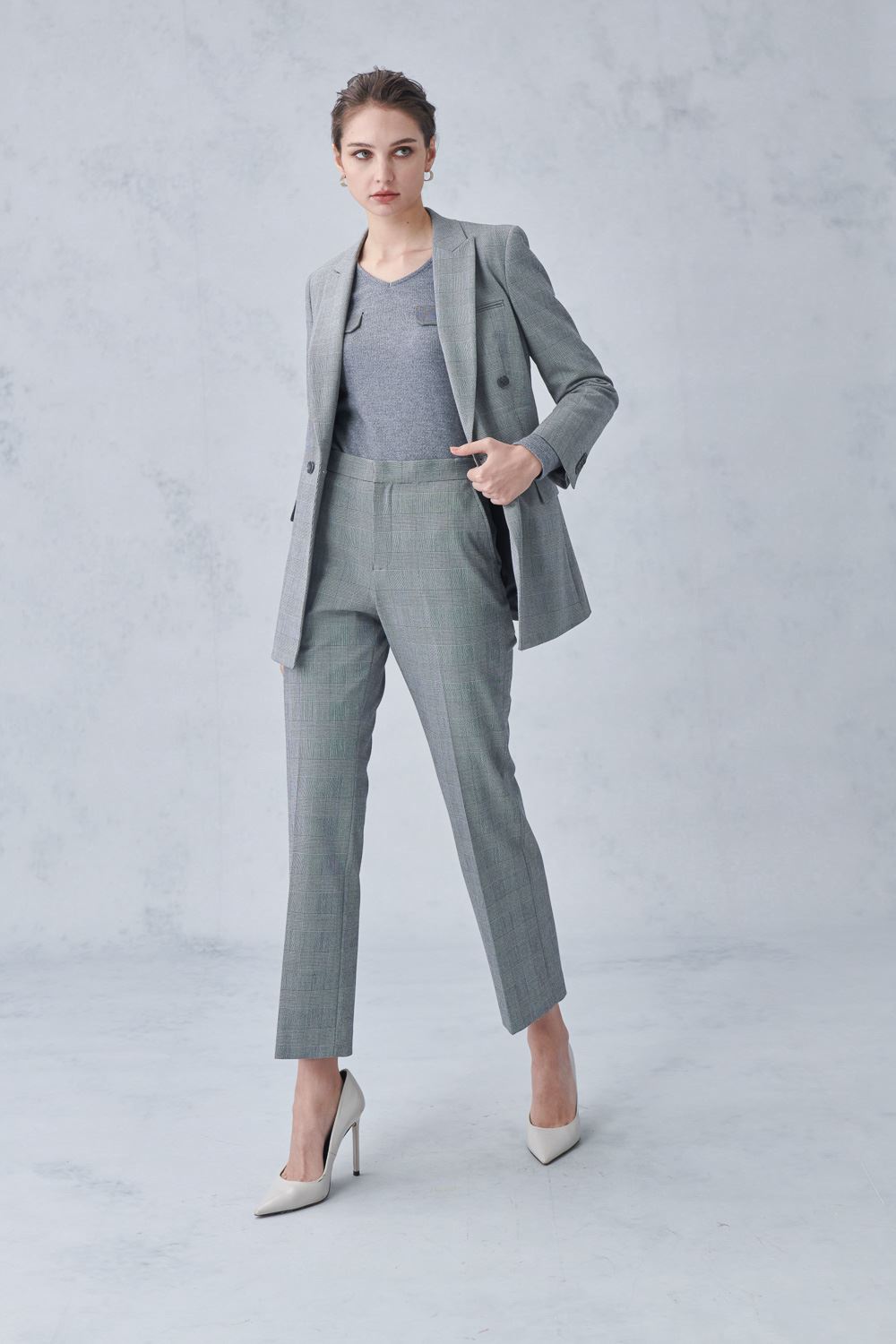 SST&C Gray Check Pattern Straight Slim Fit Suit Trousers | 7262212003  (Outlet)_3