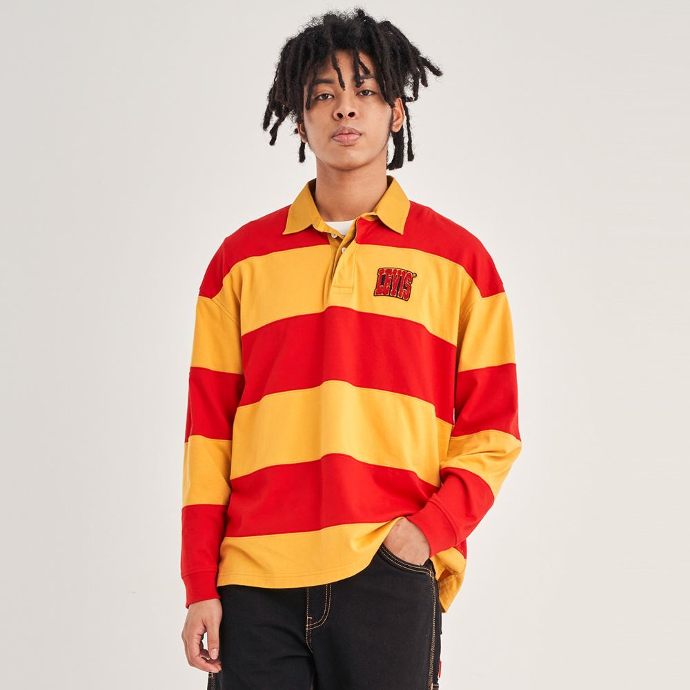 Levis 男款 學院風寬鬆版長袖Polo衫 / 絨面徽章Logo 熱賣單品
