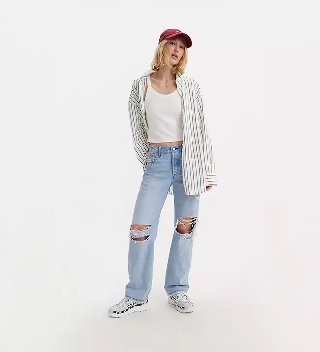 Levis 女款 501 90S高腰排釦直筒牛仔長褲 / 精工大開口破壞工藝 及踝款 熱賣單品