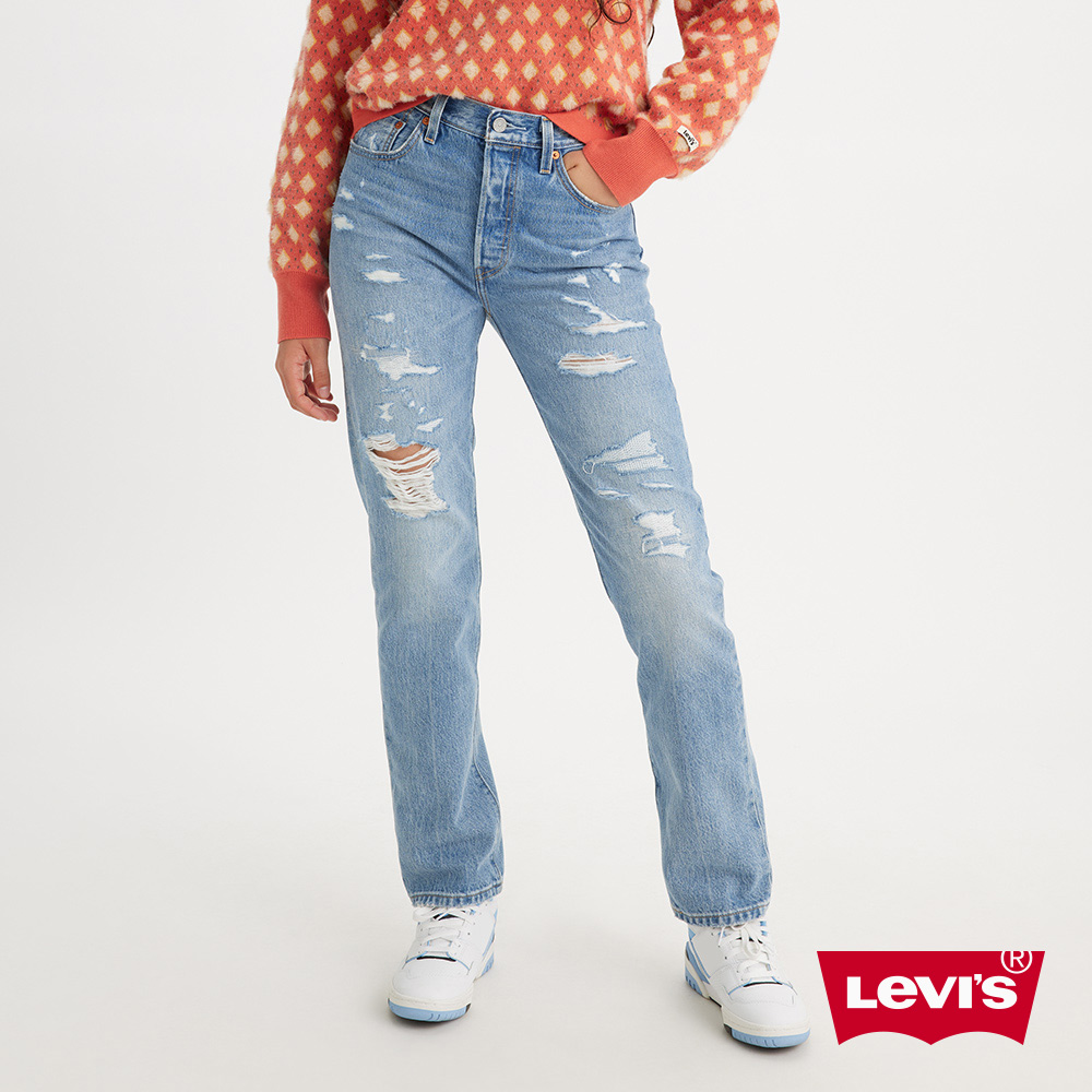 Levis 150週年紀念款 重現檔案庫歷史設計 女款 501高腰合身排釦直筒牛仔長褲 / 赤耳 / 多重刷破縫補工藝 熱賣單品_0