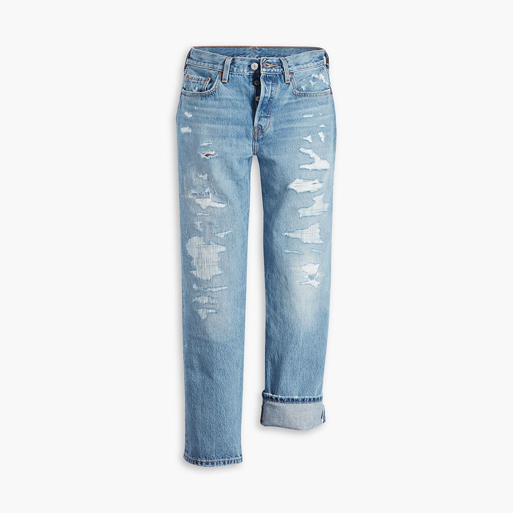 Levis 150週年紀念款 重現檔案庫歷史設計 女款 501高腰合身排釦直筒牛仔長褲 / 赤耳 / 多重刷破縫補工藝 熱賣單品_1