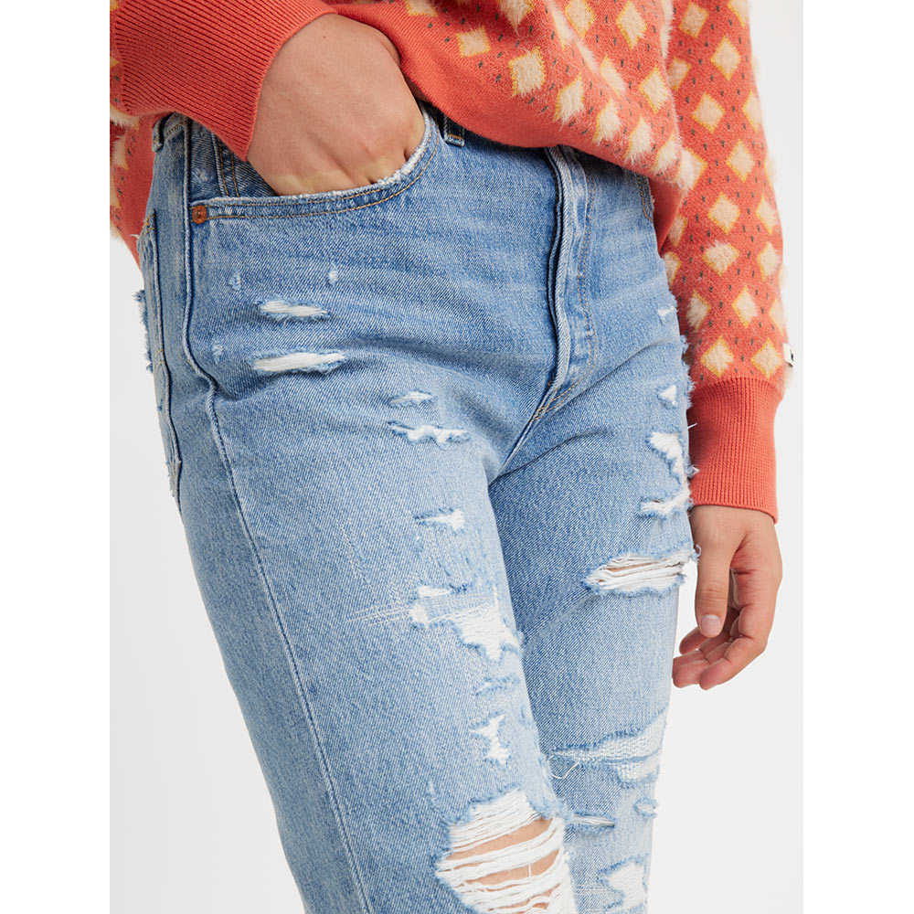 Levis 150週年紀念款 重現檔案庫歷史設計 女款 501高腰合身排釦直筒牛仔長褲 / 赤耳 / 多重刷破縫補工藝 熱賣單品_6