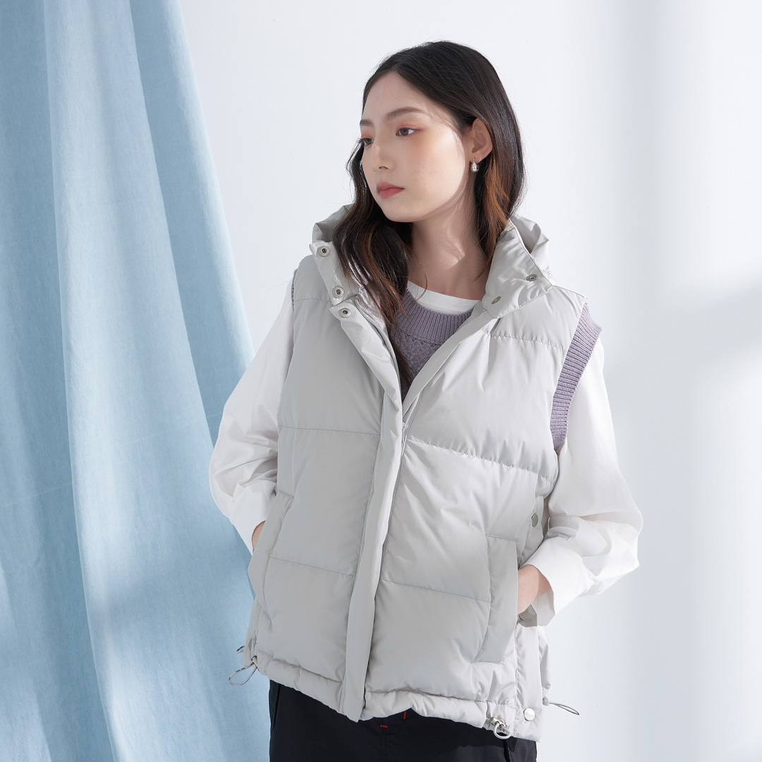 運動風開衩連帽羽絨背心(銀灰)-女_1