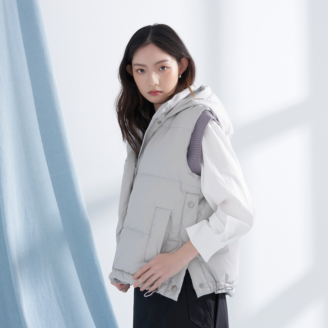 運動風開衩連帽羽絨背心(銀灰)-女_2