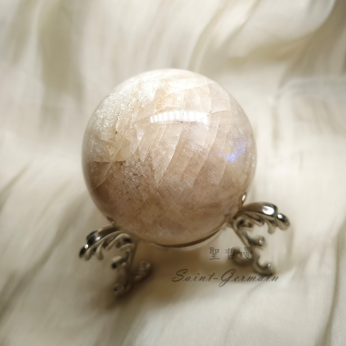 ☼☾ 精品藍暈月光球1號-附歐風典雅球座(銀款)(Moonstone) ~連結漢尼爾天使長、能安定與平衡情緒的美麗寶石_4