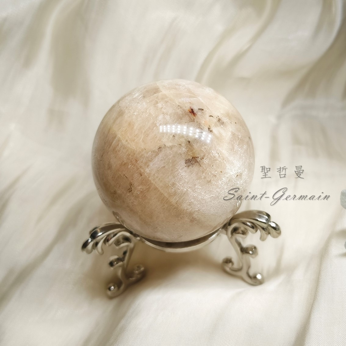 ☼☾ 精品藍暈月光球1號-附歐風典雅球座(銀款)(Moonstone) ~連結漢尼爾天使長、能安定與平衡情緒的美麗寶石_6