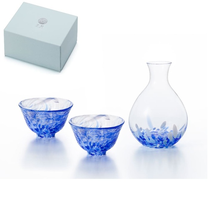 津輕 日製手作 玻璃清酒壺清酒杯禮盒組│藍海_1