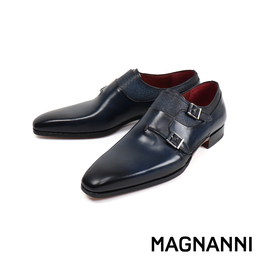 【MAGNANNI】鞋襟半壓紋時尚雙扣孟克鞋 海軍藍(23117-NA)
