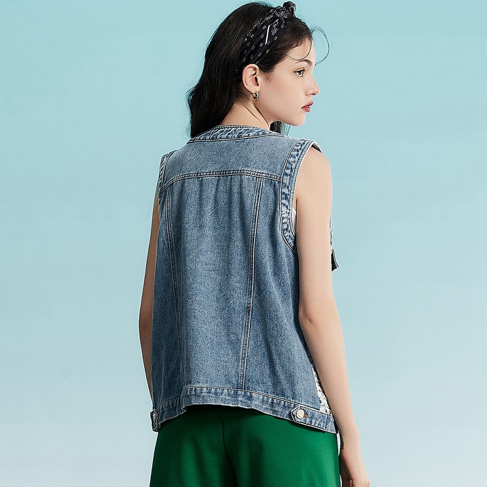 OUWEY歐薇 金蔥小香風造型V領牛仔背心(藍色；S-L)3231328302_5
