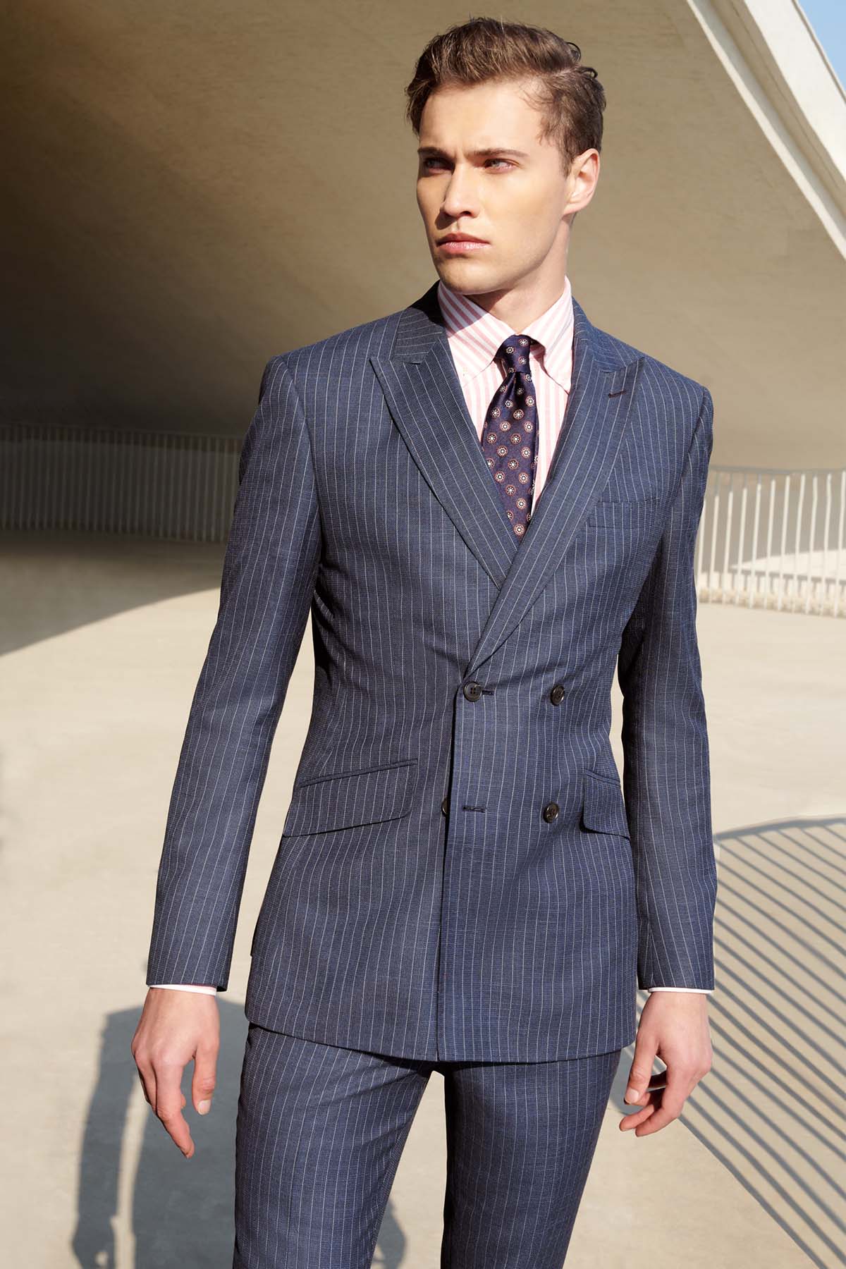 SST&C Double-Breasted Gray-Blue Straight Stripe Slim Fit Suit Jacket | 0112302003  (Outlet)_0