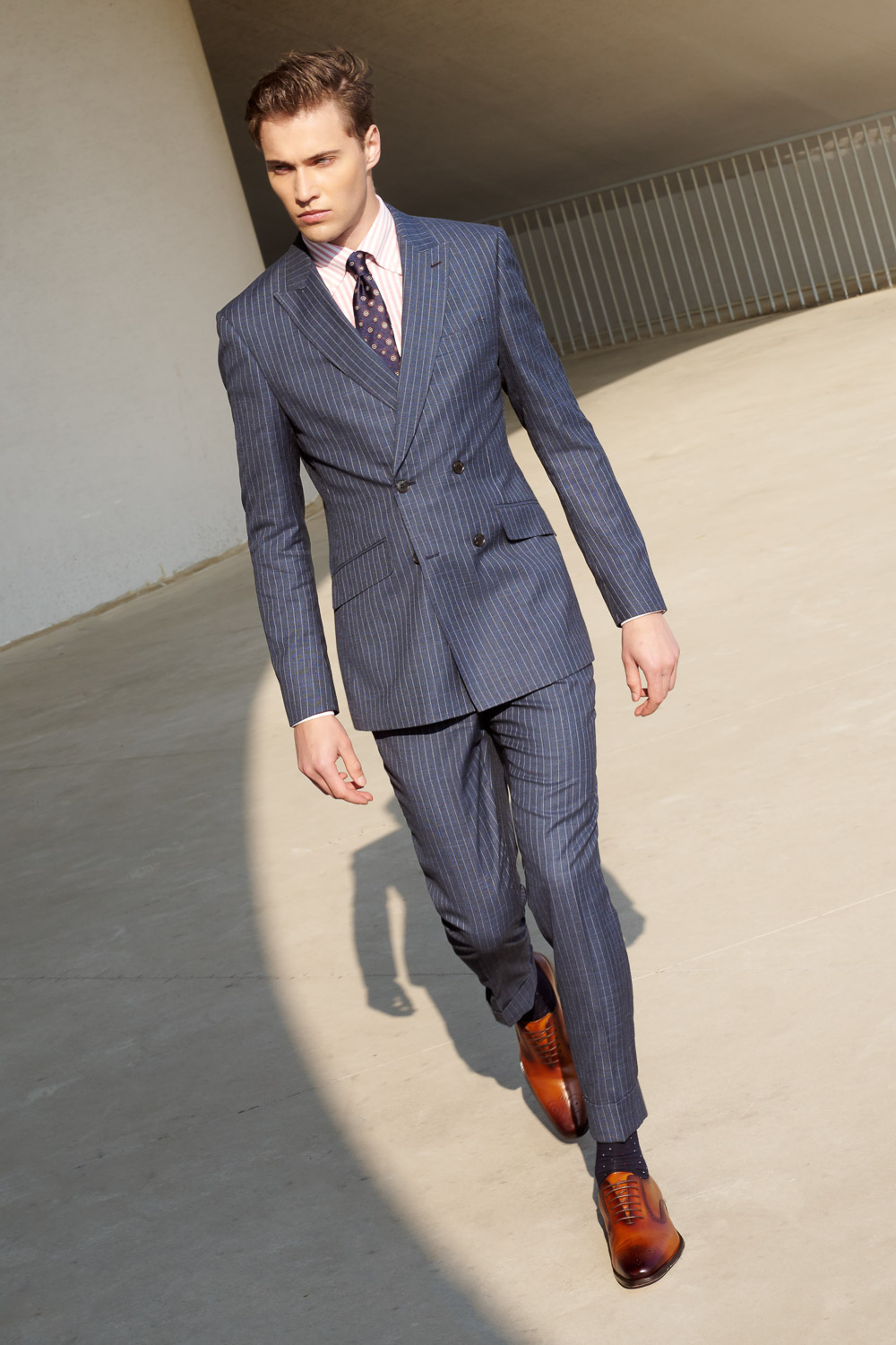 SST&C Double-Breasted Gray-Blue Straight Stripe Slim Fit Suit Jacket | 0112302003  (Outlet)_1