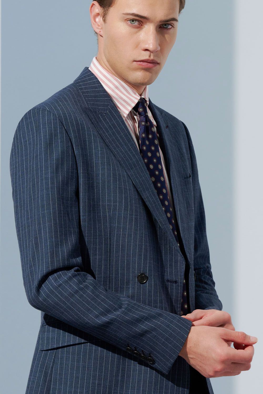 SST&C Double-Breasted Gray-Blue Straight Stripe Slim Fit Suit Jacket | 0112302003  (Outlet)_2