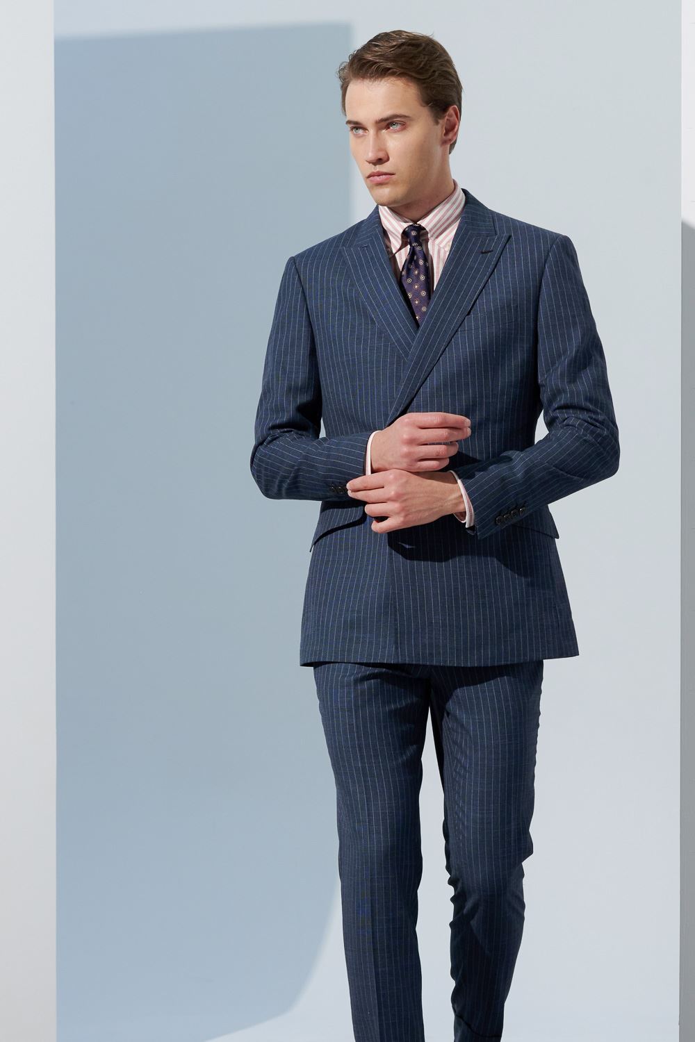 SST&C Double-Breasted Gray-Blue Straight Stripe Slim Fit Suit Jacket | 0112302003  (Outlet)_3