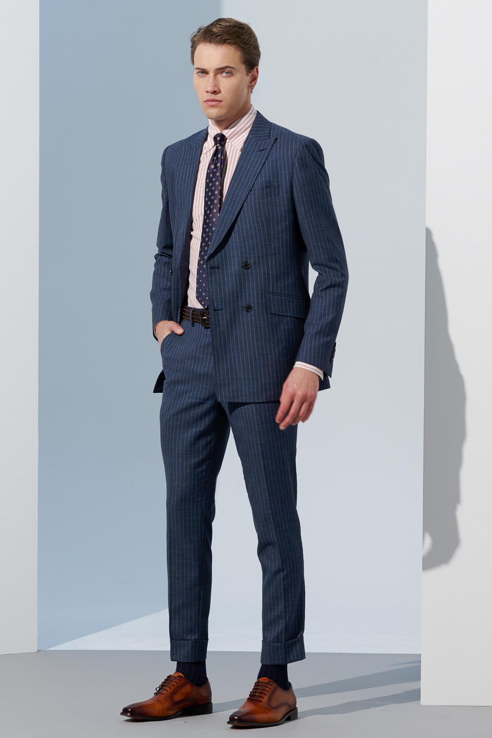 SST&C Double-Breasted Gray-Blue Straight Stripe Slim Fit Suit Jacket | 0112302003  (Outlet)_4