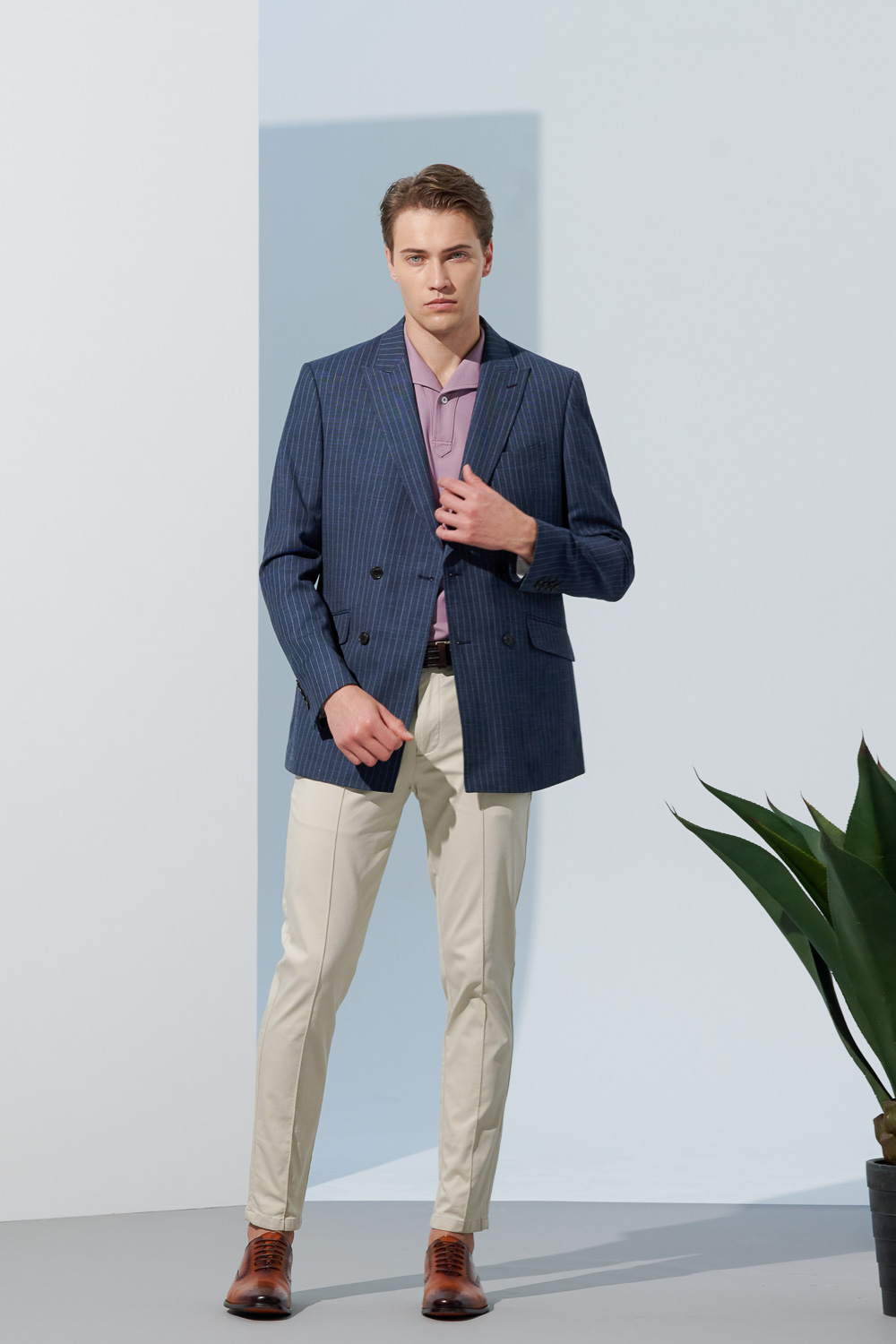 SST&C Double-Breasted Gray-Blue Straight Stripe Slim Fit Suit Jacket | 0112302003  (Outlet)_5