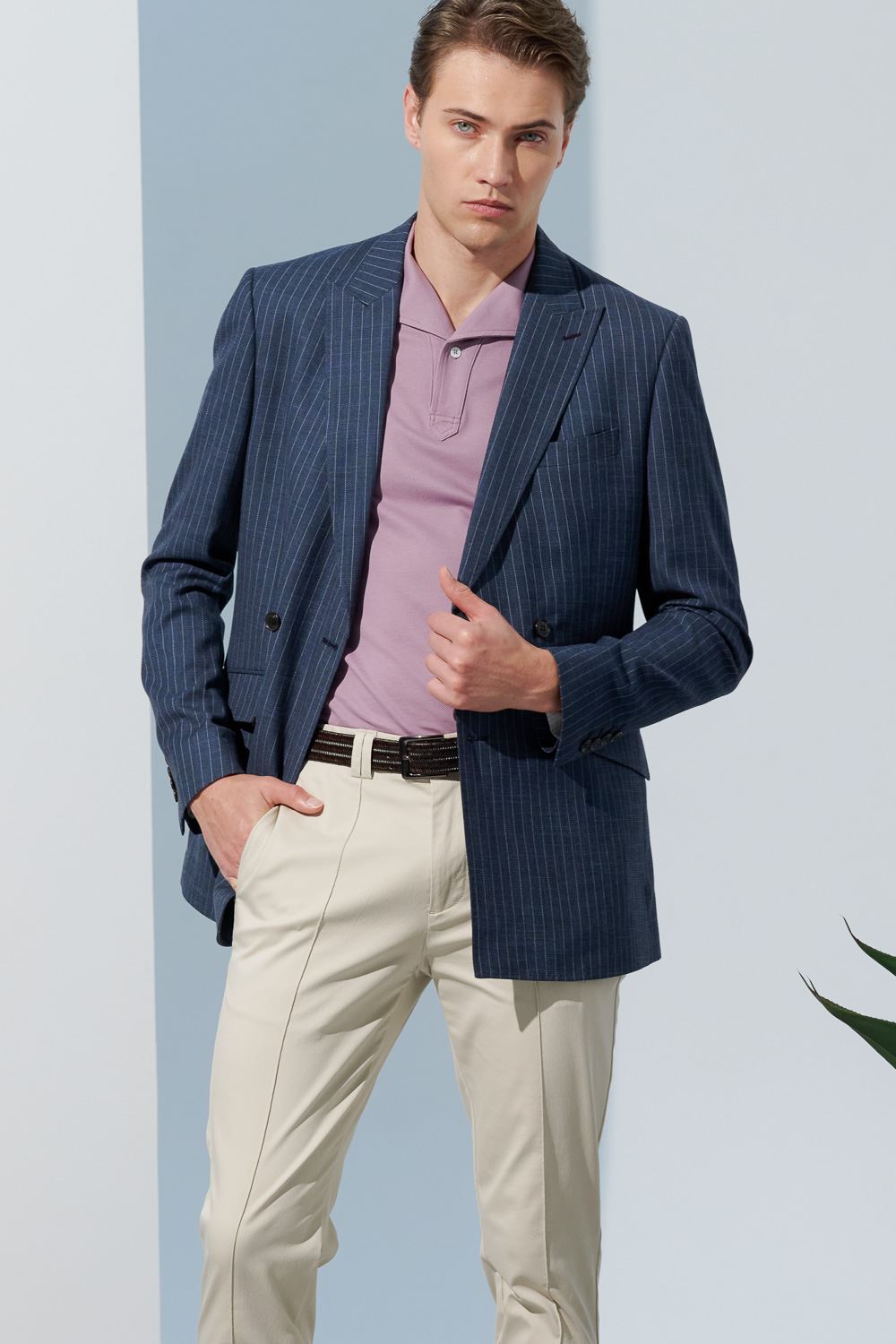 SST&C Double-Breasted Gray-Blue Straight Stripe Slim Fit Suit Jacket | 0112302003  (Outlet)_6