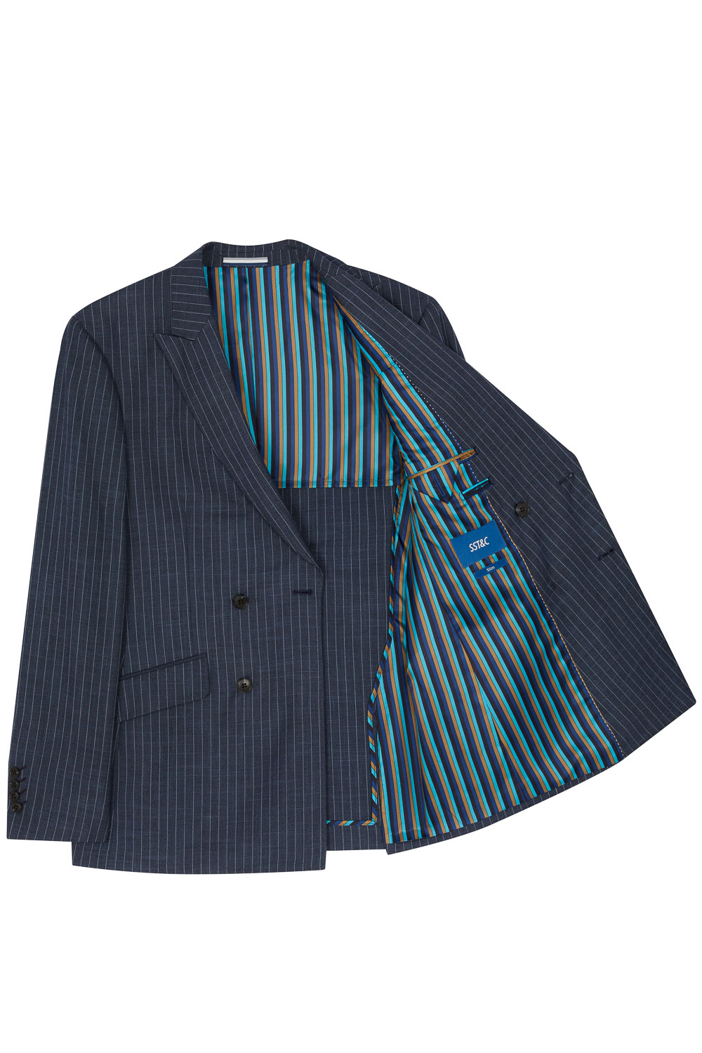 SST&C Double-Breasted Gray-Blue Straight Stripe Slim Fit Suit Jacket | 0112302003  (Outlet)_9
