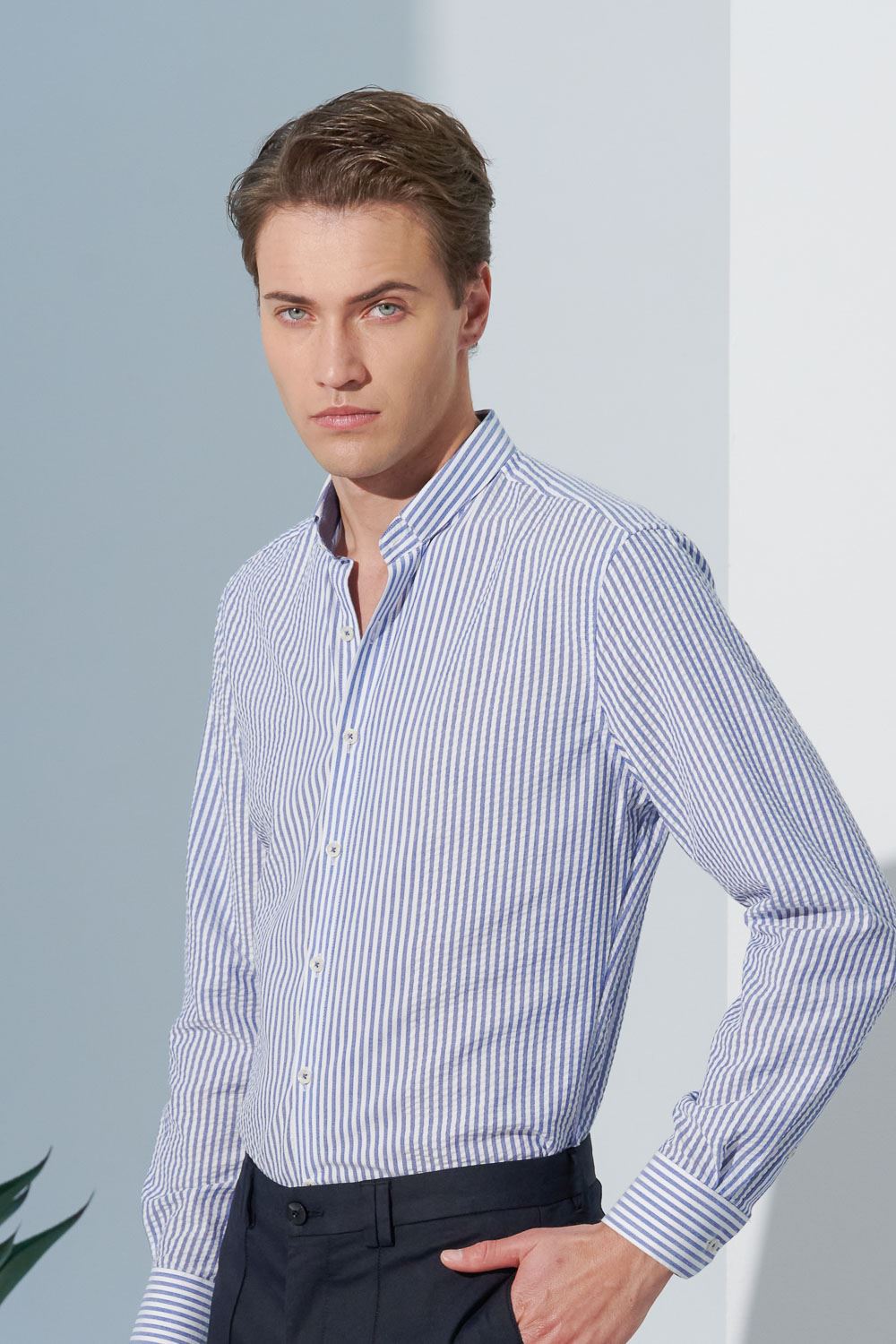 SST&C Seersucker Blue and White Striped Pattern Standard Fit Shirt | 0312302002  (Outlet)_0