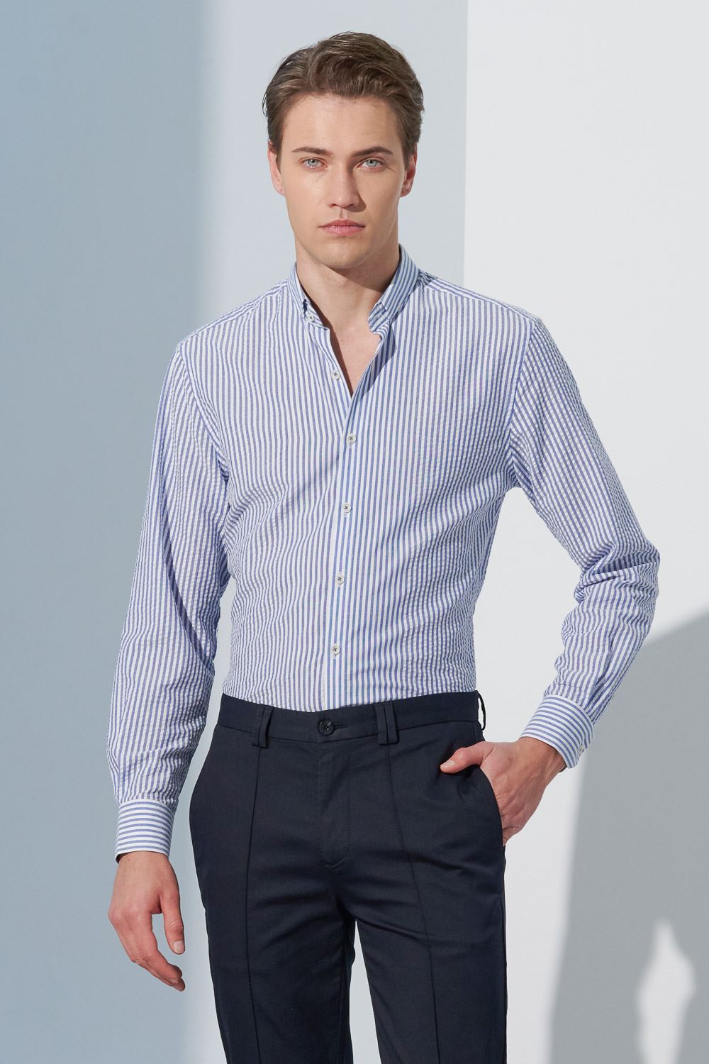 SST&C Seersucker Blue and White Striped Pattern Standard Fit Shirt | 0312302002  (Outlet)_2
