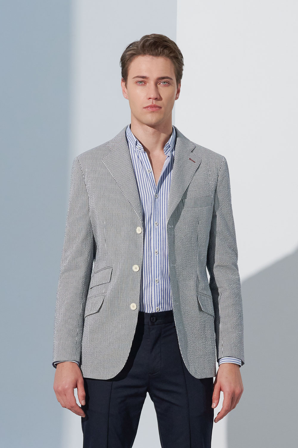 SST&C Seersucker Blue and White Striped Pattern Standard Fit Shirt | 0312302002  (Outlet)_4